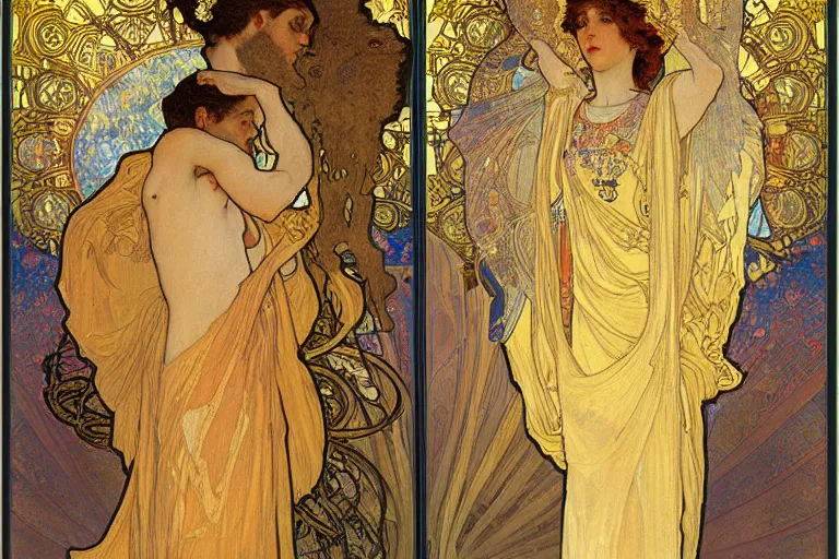 Image similar to the annunciation oil painting by alphonse mucha and gustav klimt gold leaf, intricate detailed,