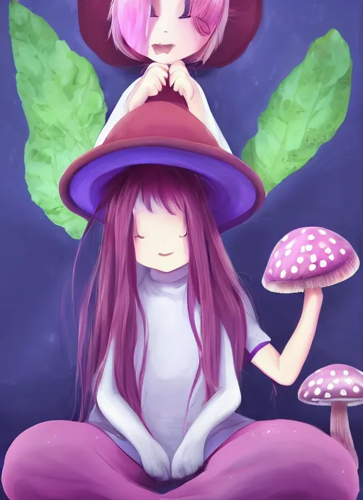 Image similar to a beautiful little girl wearing a mushroom hat sitting in her room petting a frog in her lap | | purple hair, pretty face, sharped details, in ryuuou no oshigoto art style, trending on pixiv