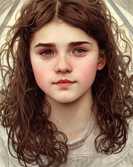 Prompt: portrait of 1 5 - year - old girl, little smile with large front teeth, hermione, very bushy brown hair, and very bright brown eyes, wearing white shirt, hyper realistic face, beautiful eyes, close up, fantasy art, in the style of greg rutkowski, intricate, alphonse mucha, hyper detailed, smooth