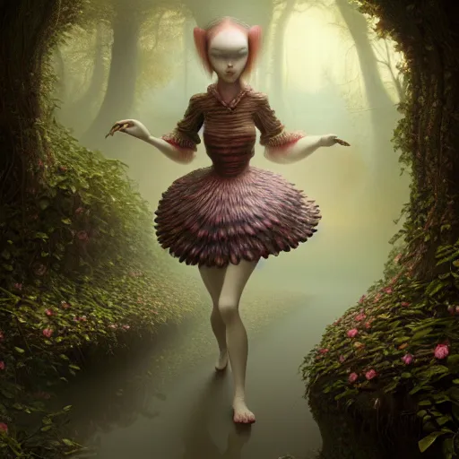 Image similar to beautiful digital fantasy illustration of wandering, but not lost by mark ryden and and iris van herpen, octane render, detail texture, unreal engine, 8 k, ultra hyper realistic quality
