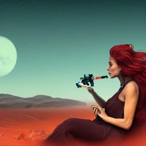 Image similar to High-detail still of a woman with gorgeously flowing hair on Mars, sitting on a Martian rock, smoking a cigarette, reddish atmosphere with detailed highlights, dark gloomy sky cascading upon the atmosphere, well-detailed ornate Martian mountains in the background, trending on artstation, 4k, 8k