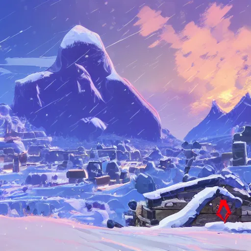 Image similar to snowy Landscape and a village in the background in the style of zelda breath of the wild