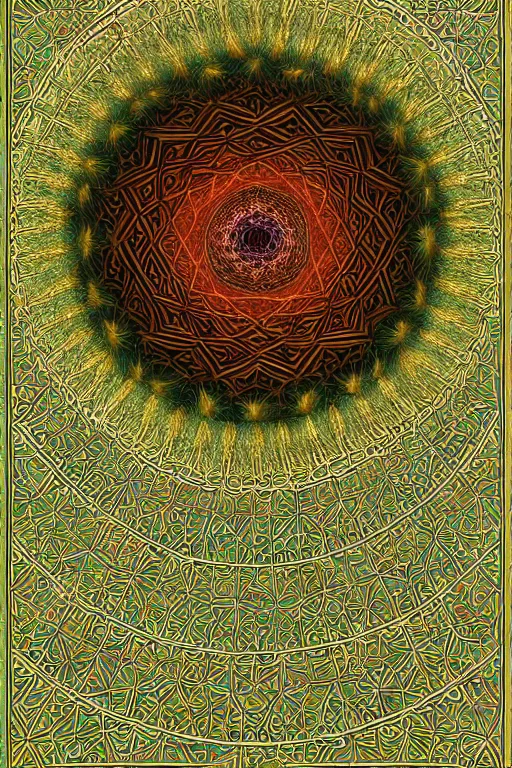 Prompt: islamic symmetric geometric fractals, fibonacci, quantum, atomic, by michaelangelo