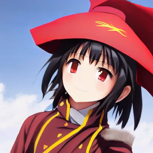 Prompt: megumin from konosuba, realistic painting, sharp focus, closeup portrait, highly detailed