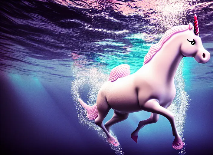 Prompt: under water unicorn, water light scattering, underwater photography, high details, 8 k, realistic shot, cinematic lighting