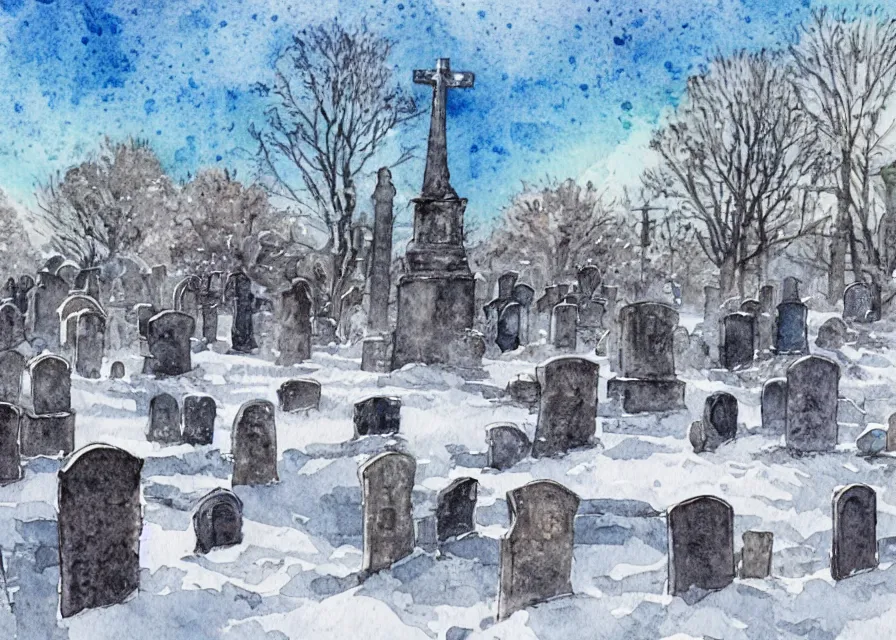 Image similar to graveyard with large monuments covered in snow, watercolor illustration