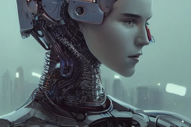 Image similar to highly detailed surreal vfx portrait of a robot android, ex machina, stephen bliss, unreal engine, greg rutkowski, loish, rhads, beeple, makoto shinkai and lois van baarle, ilya kuvshinov, rossdraws, tom bagshaw, global illumination, detailed and intricate environment