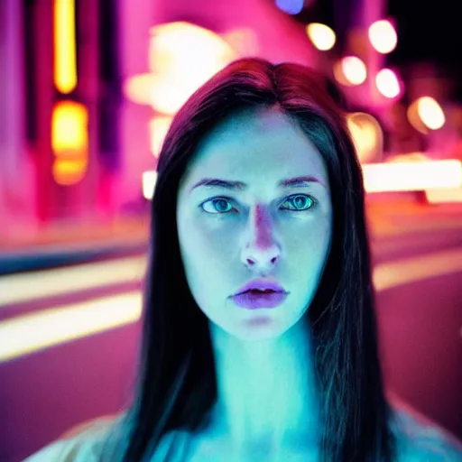 Prompt: A hyper realistic and detailed head portrait photography of a female, youthful, raven hair, graceful, curves, on a futuristic street. by Annie Leibovitz. Neo noir style. Cinematic. neon lights glow in the background. Cinestill 800T film. Lens flare. Helios 44m