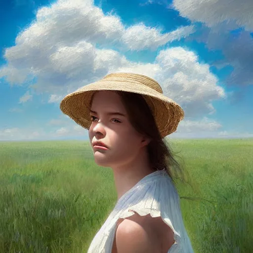 Image similar to girl in a white dress wearing sun straw hat looking at the bright blue sky with spiraling white sunny clouds digital art, highly detailed, intricate, by greg rutkowski, bright colours 8 k