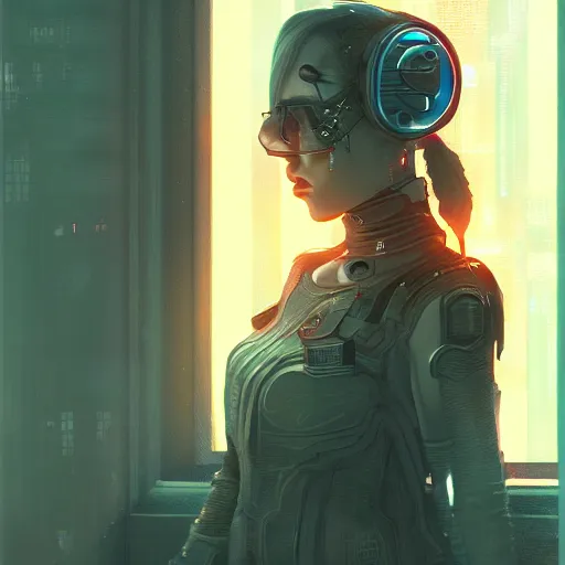 Image similar to portrait of cyberpunk woman looking out of a window, cyberpunk setting, futuristic, highly detailed, intricate lighting, digital painting, sharp focus, illustration, trending on artstation, art by kawacy.