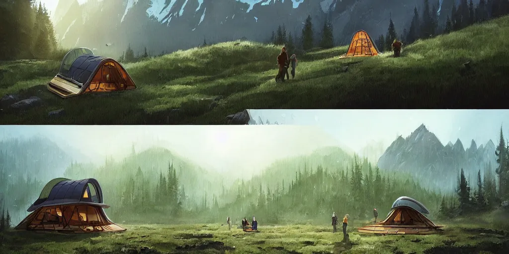 Image similar to cabela's beautiful comfortable futuristic pop up insulated all terrain family pod, cabin, modular, person in foreground, mountainous forested wilderness open fields, beautiful views, painterly concept art, joanna gaines, environmental concept art, farmhouse, magnolia, concept art illustration by ross tran, by james gurney, by craig mullins, by greg rutkowski trending on artstation