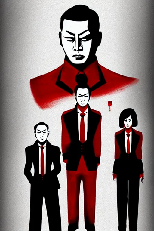 Prompt: chinnese mafia, with black suit and red tissue, some of leader have dragon tatto. digital art, concept art, pop art, bioshock art style, accurate, detailed, gta chinatown art style, l. a noire art style, dynamic, face features, body features, ultra realistic, smooth, sharp focus, art by richard hamilton and mimmo rottela