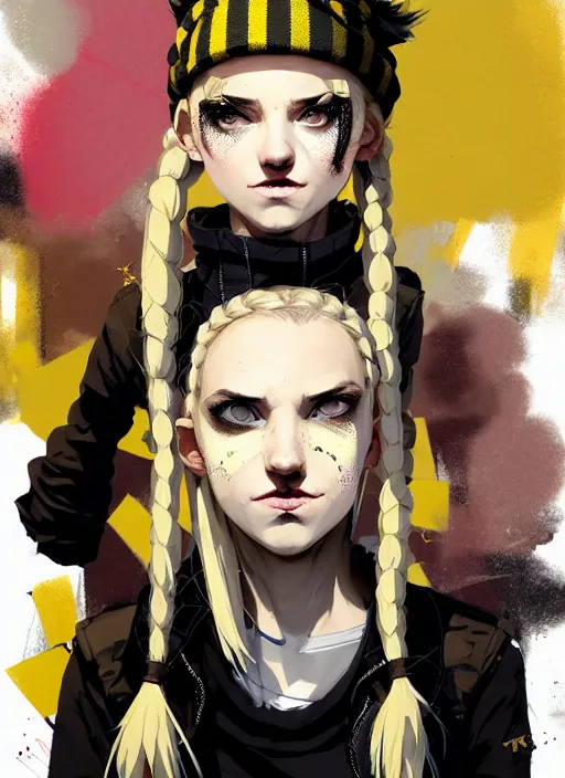 Image similar to highly detailed closeup portrait of a sewer punk pretty swedish female road warrior student, tartan garment, blonde hair pigtails with headband by atey ghailan, by greg rutkowski, by greg tocchini, by james gilleard, by joe fenton, by kaethe butcher, gradient yellow, black, brown and white color scheme, grunge aesthetic!!! white graffiti tag wall background