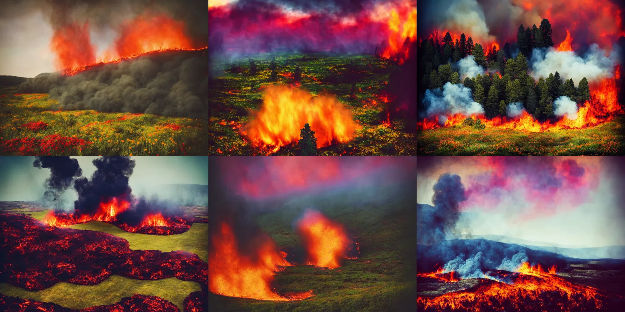 Prompt: majestic landscape, half of it is destroyed and burnt!!!!!, the other half is blooming!!!!!, by john martin and carl gustav carus _ smoke _ fire _ vibrant colors | photography | realism | dslr photo