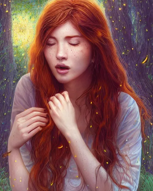 Prompt: a young woman, amazed by the lights of golden fireflies, sitting in the midst of nature fully covered, long loose red hair, intricate linework, open green eyes, small nose with freckles, oval shape face, soft happy smile, realistic, expressive emotions, mystical scene, hyper realistic ultrafine detailed illustration by james jean and albert bierstadt and artgerm