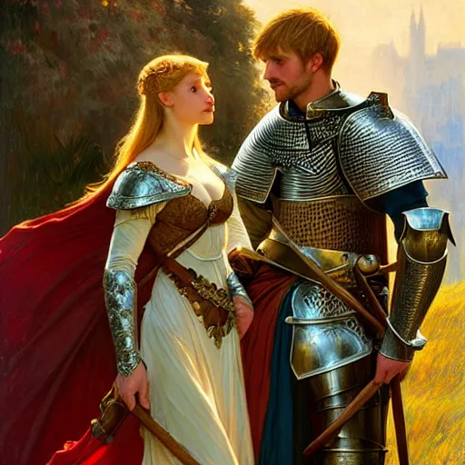 Image similar to attractive arthur pendragon and his favourite attractive male knight, they are in love, camelot, natural lighting, path traced, highly detailed, high quality, digital painting, by gaston bussiere and ross tran and j. c. leyendecker and alphonse mucha