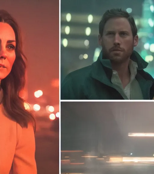 Image similar to a pov shot, color cinema film still kate middleton in blade runner 2 0 4 9, cinematic lighting at night.