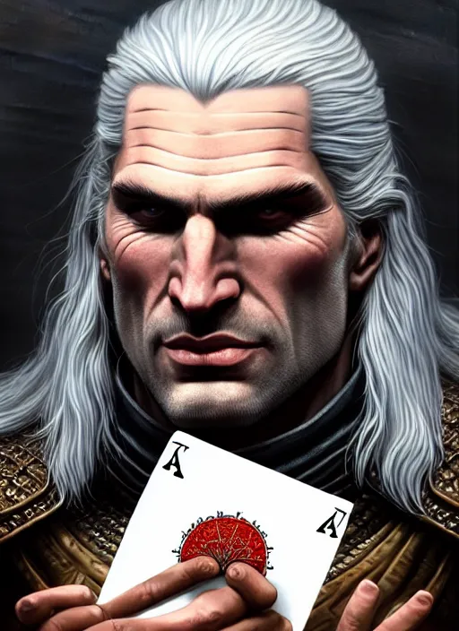 Prompt: closeup portrait shot of geralt of rivia smirking and holding cards, intricate, elegant, highly detailed, centered, digital painting, artstation, concept art, smooth, sharp focus, illustration, artgerm, tomasz alen kopera, peter mohrbacher, donato giancola, joseph christian leyendecker, wlop, boris vallejo