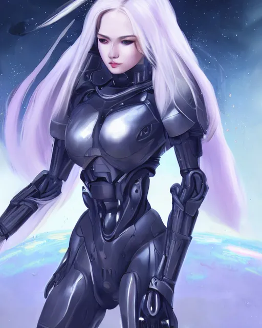 Image similar to perfect android girl family, full body character design, warframe armor, beautiful face, scifi, futuristic, galaxy, nebula, bae suzy, dreamy, long white hair!!!, blue cyborg eyes, sharp focus, cinematic lighting, highly detailed, artstation, divine, by gauthier leblanc, kazuya takahashi, huifeng huang