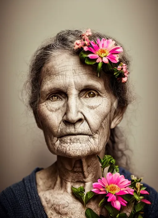 Prompt: portrait of a 1 5 0 year old woman, symmetrical face, flowers in her hair, she has the beautiful calm face of her mother, slightly smiling, ambient light