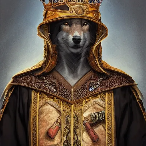 Prompt: “an oil painting portrait of a wolf wearing medieval royal robe and an ornate crown on a dark background” digital Art, concept Art, highly detailed, 3-D 4K, trending on art station, Award winning, Mark Brooks,