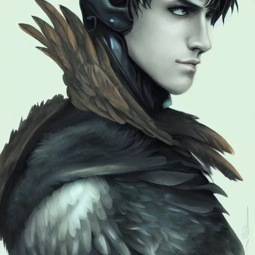 Prompt: a young man with the raven on his shoulder, by artgerm