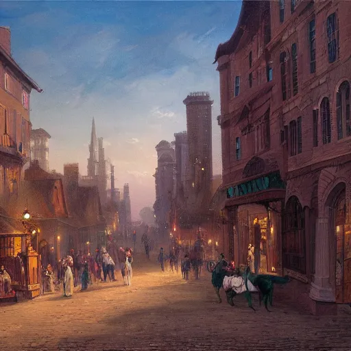 Image similar to beautiful color painting of a cityscape of an 1 8 0 0 s busy city, highly detailed, trending on artstation