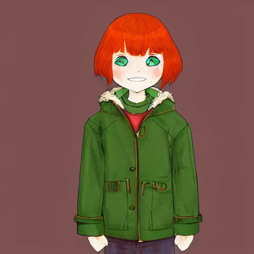 Prompt: A cute cartoon ginger girl with red hair, wearing a brown green jacket, digital art, Akihiko Yoshida