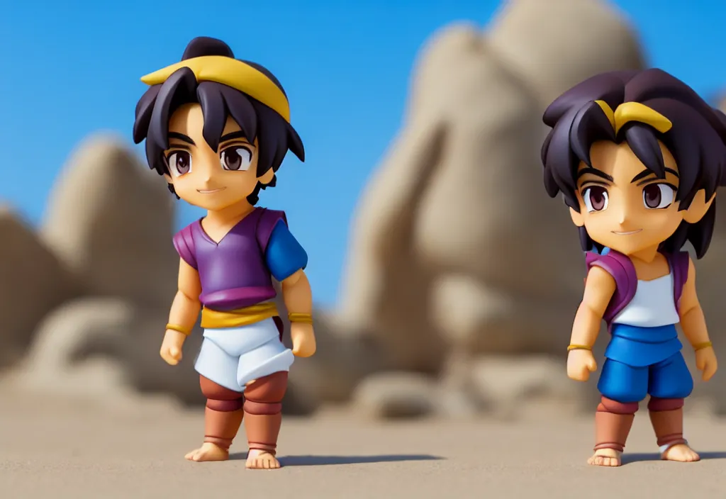 Image similar to side view of young aladdin as nendoroid running in desert village, 8 k hd dof, kodak film,