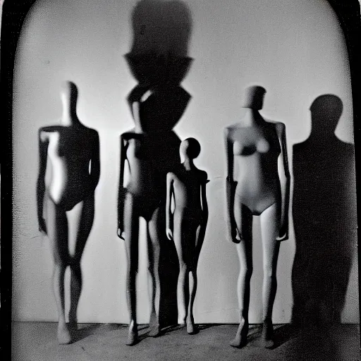 Image similar to dark room filled with shadowy mannequins with distorted faces, distuburbing, horror, nightmare, terrifying, surreal, nightmare fuel, old polaroid, blurry, expired film, lost footage, found footage,