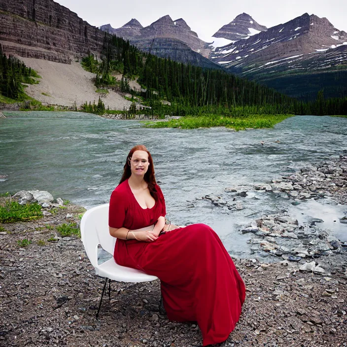 Image similar to a color photograph, closeup portrait of a woman sitting on a plastic throne, in glacier national park in montana, color photograph, by vincent desiderio, canon eos c 3 0 0, ƒ 1. 8, 3 5 mm, 8 k, medium - format print