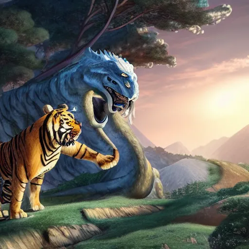 Prompt: a 3d render of a huge tiger and massive dragon are in the middle of the mountain, Style of korean traditional folktale painting by Shin Yun-bok; colorfully lit; Sin Yun-bok ;Kim Hong-do; 8K 3D 8k resolution deviantart DSLR Flickr trending on Artstation VRay octane cgsociety