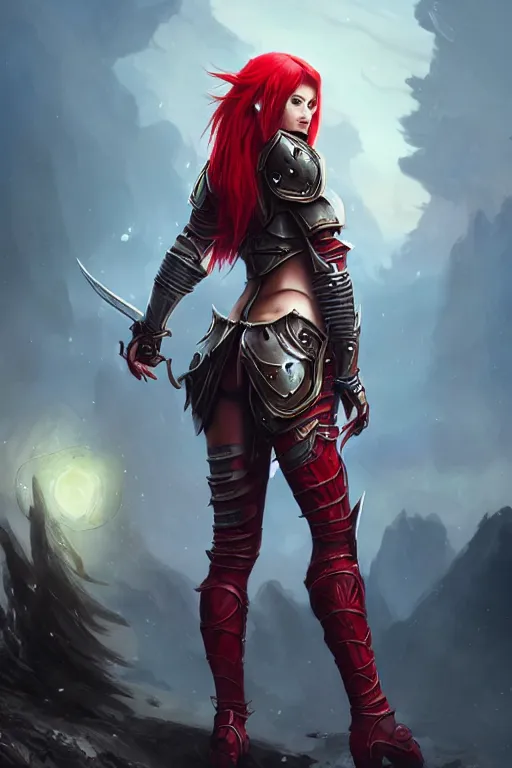 Prompt: Female paladin, dnd, d&d, leggins, red skintight leather armor, red hair, looking from behind, visible face, beautiful face, high fantasy, matte painting, by wlop