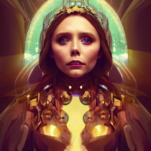 Prompt: elizabeth olsen as the goddess of futurism!!!!!!, golden ratio!!!!!, centered, trending on artstation, 8 k quality, cgsociety contest winner, artstation hd, artstation hq, luminous lighting