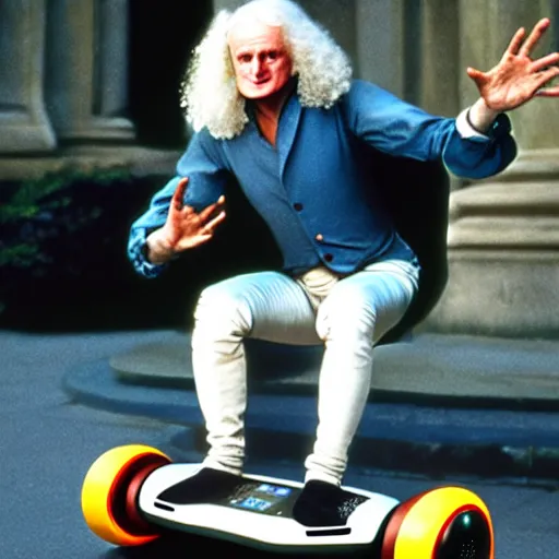 Image similar to uhd photorealisitc candid photo of sir isaac newton on a hoverboard. correct face, accurate face. photo by annie leibowitz and steve mccurry