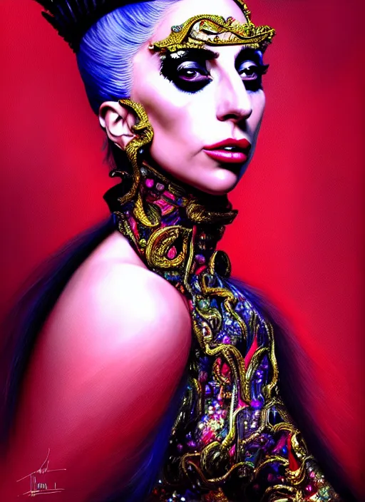 Image similar to portrait of Lady Gaga, Maximalism, orientalism, diffuse lighting, fantasy, intricate, elegant, highly detailed, lifelike, photorealistic, digital painting, artstation, illustration, concept art, smooth, sharp focus