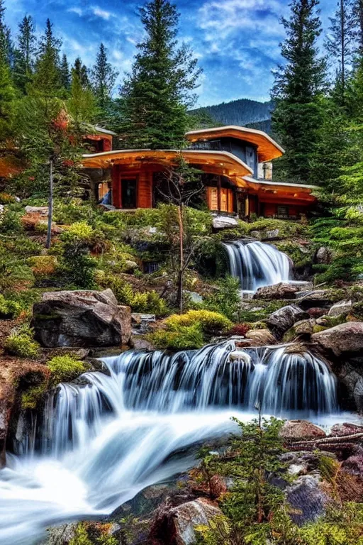 Prompt: Beautiful mountain side ranch, waterfall, modern mansion