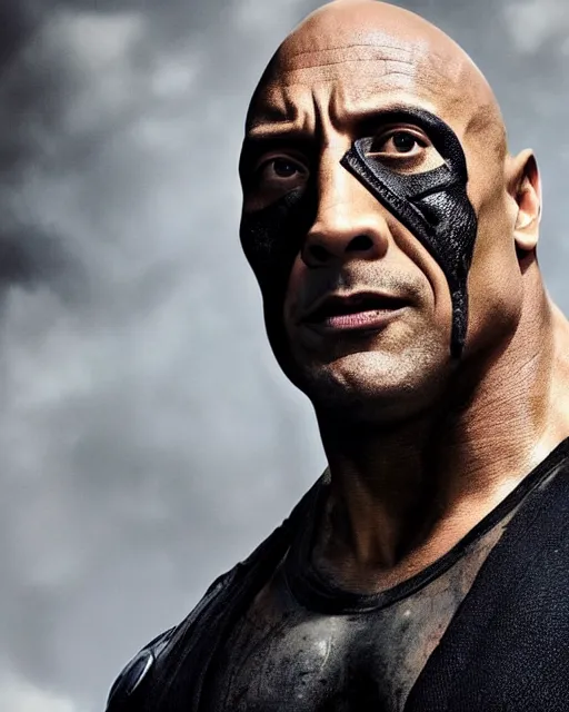 Image similar to film still close up shot of dwayne johnson as bane from the movie the dark knight rises. photographic, photography