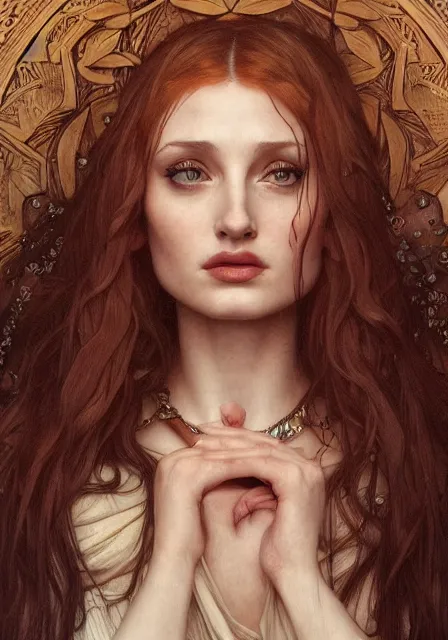 Image similar to sansa angeline jolie gessica chastain mummy, intricate, elegant, highly detailed, digital painting, artstation, concept art, smooth, sharp focus, illustration, art by artgerm and greg rutkowski and alphonse mucha and william - adolphe bouguereau