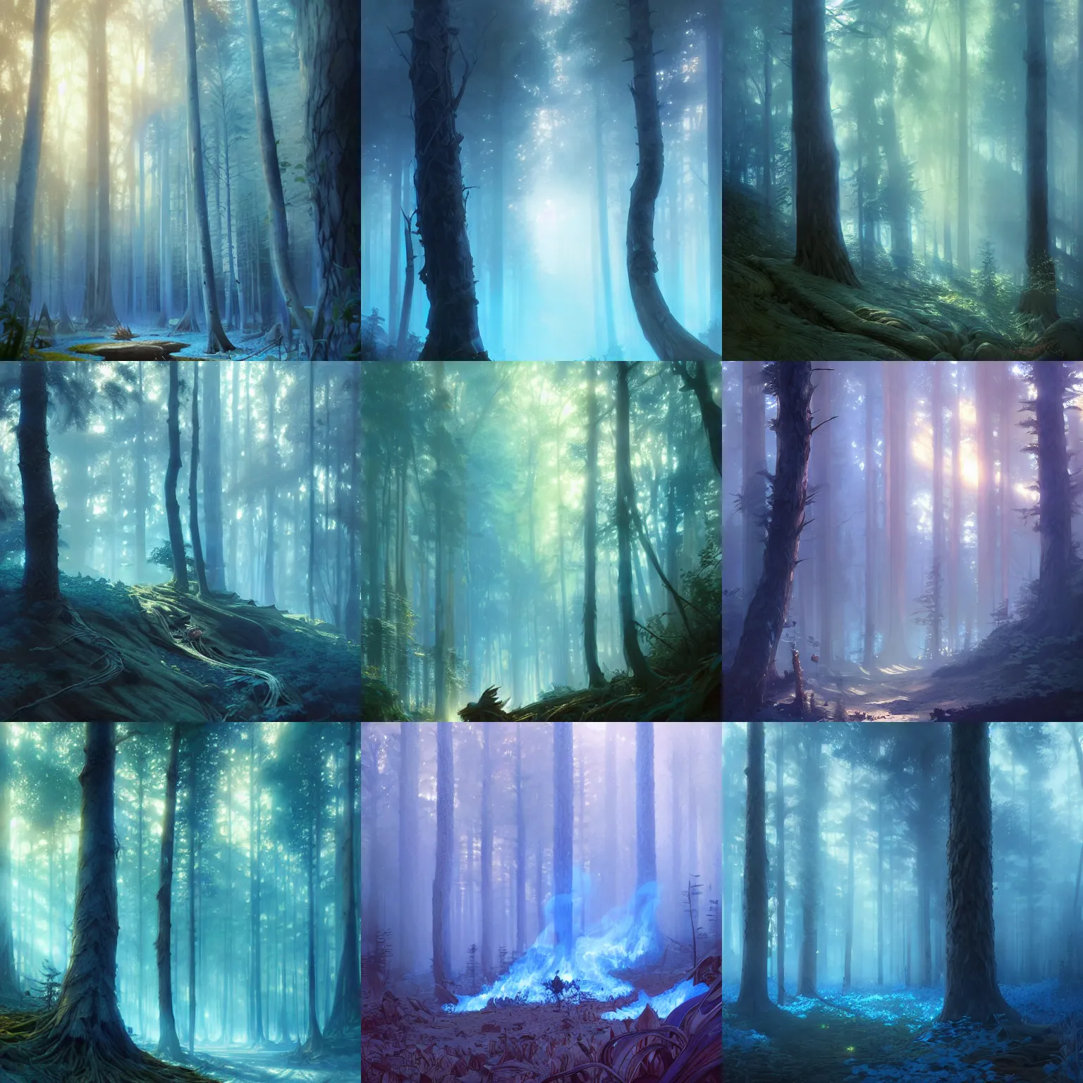 Prompt: blue burning forest, highly detailed, digital painting, artstation, concept art, smooth, sharp focus, illustration, Unreal Engine 5, 8K, art by artgerm and greg rutkowski and alphonse mucha
