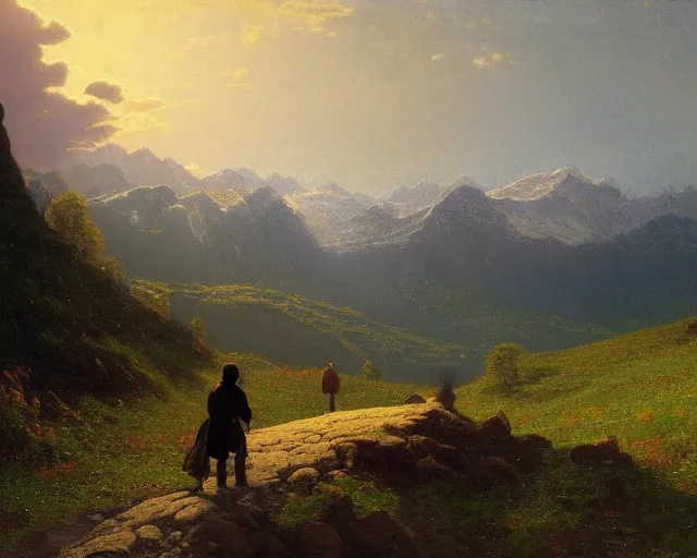 Image similar to a traveler wandering trough the mountains looking at the clouds, very detailed, focused, oil painting, cinematic lighting, albert bierstadt, trending on artstation, colorful, canvas, sunset, hans dahl, theodor kittelsen, hermann hendrich, national geographic, Konstantin Yakovlevich Kryzhitsky, beautiful nature, breathtakingn nordic