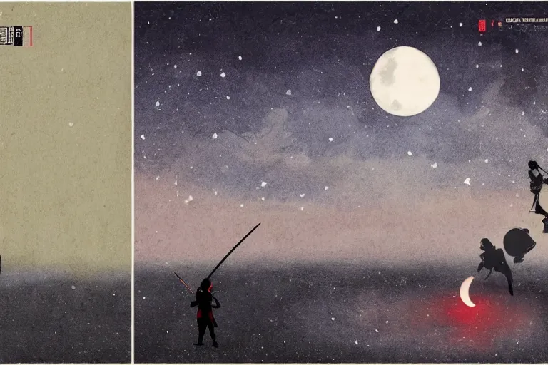 Prompt: solitary moonlight samurai duel featuring enrico letta vs matteo salvini, moonlight lake, starry sky and dark cherry blossoms falling