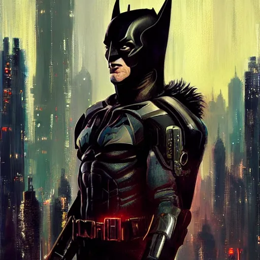 Image similar to cyberpunk batman, futuristic, brush strokes, oil painting, city background, greg rutkowski