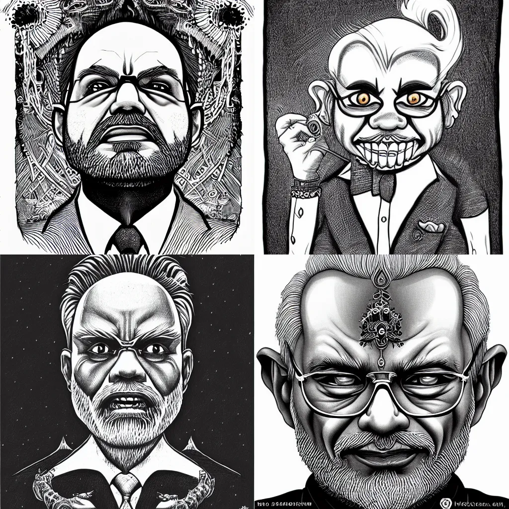 Prompt: a portrait of evil narendra modi drawn by joe fenton