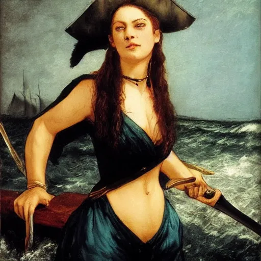 Image similar to a pirate with iridescent skin, irridescent shark colored makeup, her stance is Swashbuckling, art by courbet