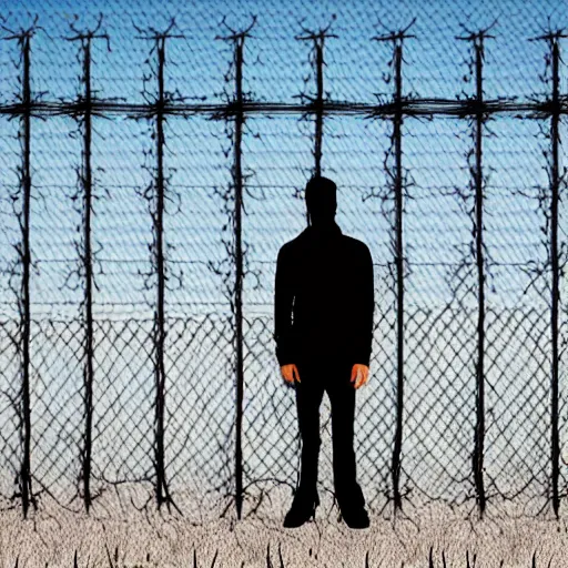 Image similar to a man standing in front of a fence with barbed wire, minimalism, dystopian art, retrofuturism