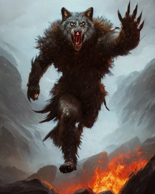 Image similar to oil painting of Angry Anthropomorphized Wolf Berserker, wearing fur armor, claws, sharp focus, attack pose, fantasy style, octane render, volumetric lighting, 8k high definition, by greg rutkowski, highly detailed, trending on art Station, magic the gathering artwork, burning Battlefield background, centered