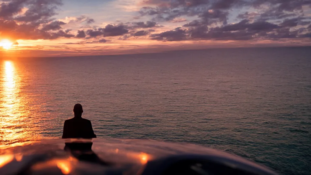 Image similar to a movie still of a man sitting on the roof of a car while driving through the ocean at sunset, golden hour