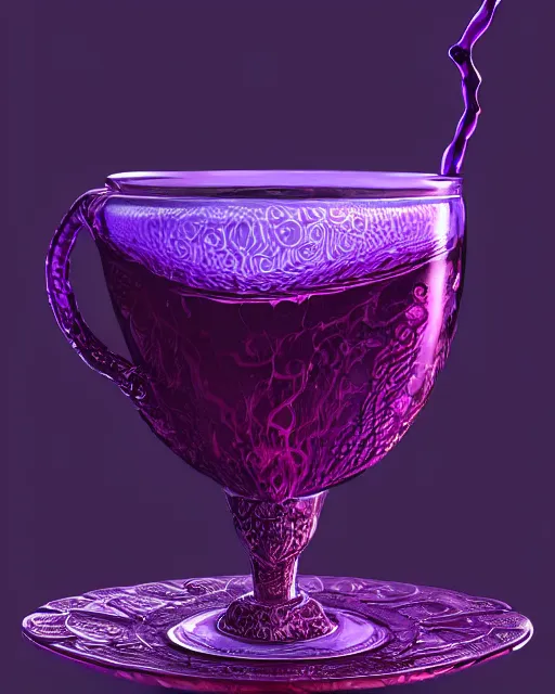 Image similar to cup of codeine, purple liquid in cup glowing, fantasy, dramatic, intricate, elegant, highly detailed, digital painting, artstation, concept art, smooth, sharp focus, illustration, art by Gustave Dore, octane render