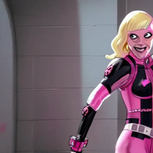 Image similar to A still of Gwenpool in Deadpool 3 (2023), blonde hair with pink highlights, no mask, white and light-pink outfit, smiling and winking at the camera, comics accurate design